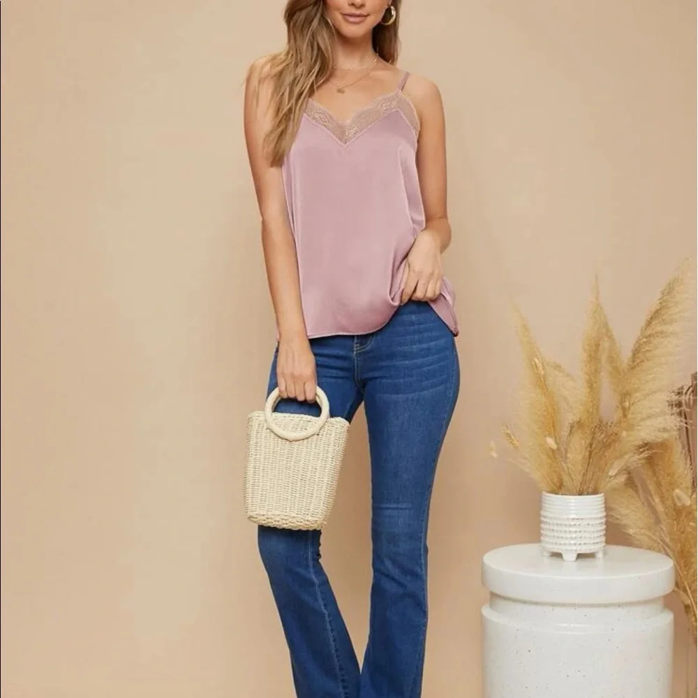 Boho dusty pink lace trim cami top